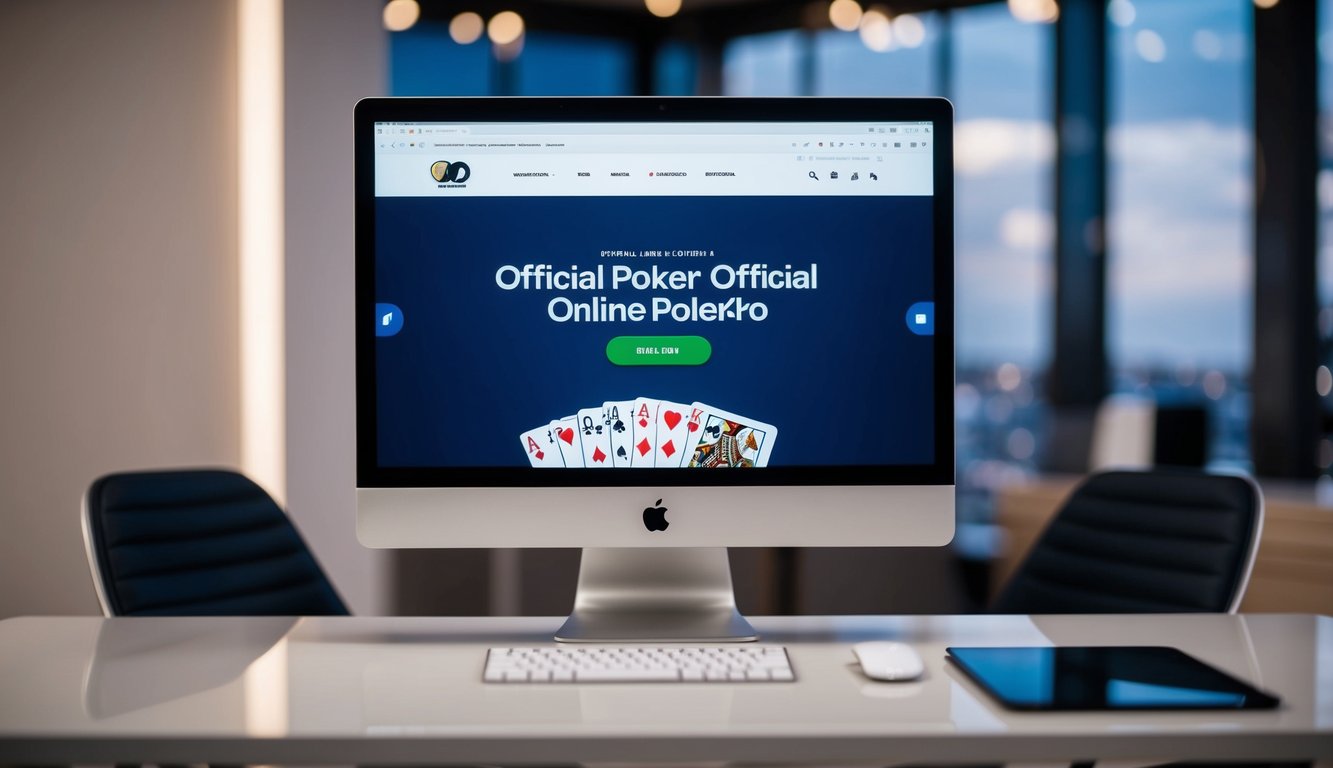 Sebuah layar komputer yang ramping dan modern menampilkan situs web poker online resmi, dikelilingi oleh meja dan kursi bergaya di lingkungan kontemporer