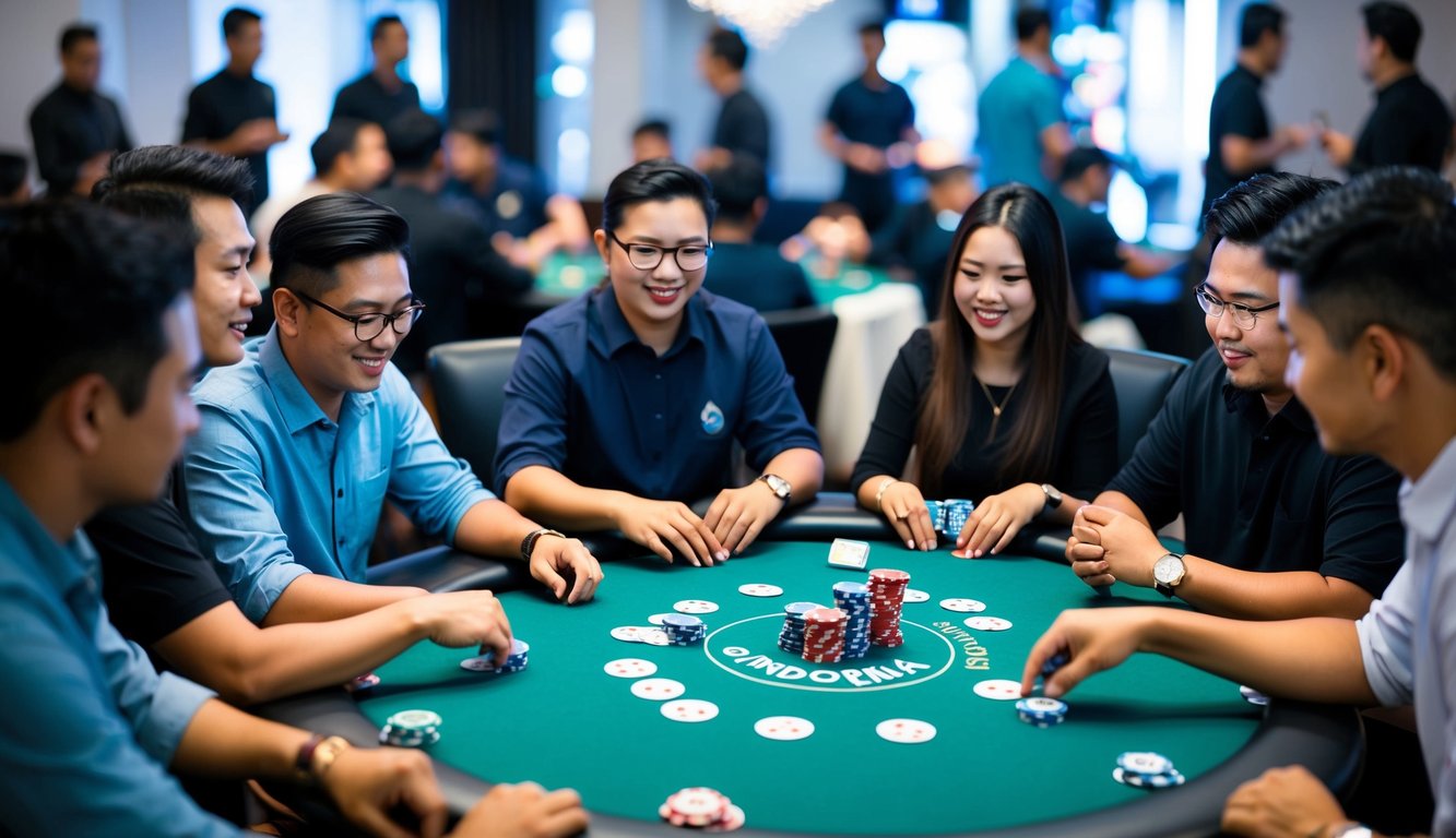 Sekelompok orang berkumpul di sekitar meja, bermain poker online di Indonesia. Chip dan kartu berserakan di meja.