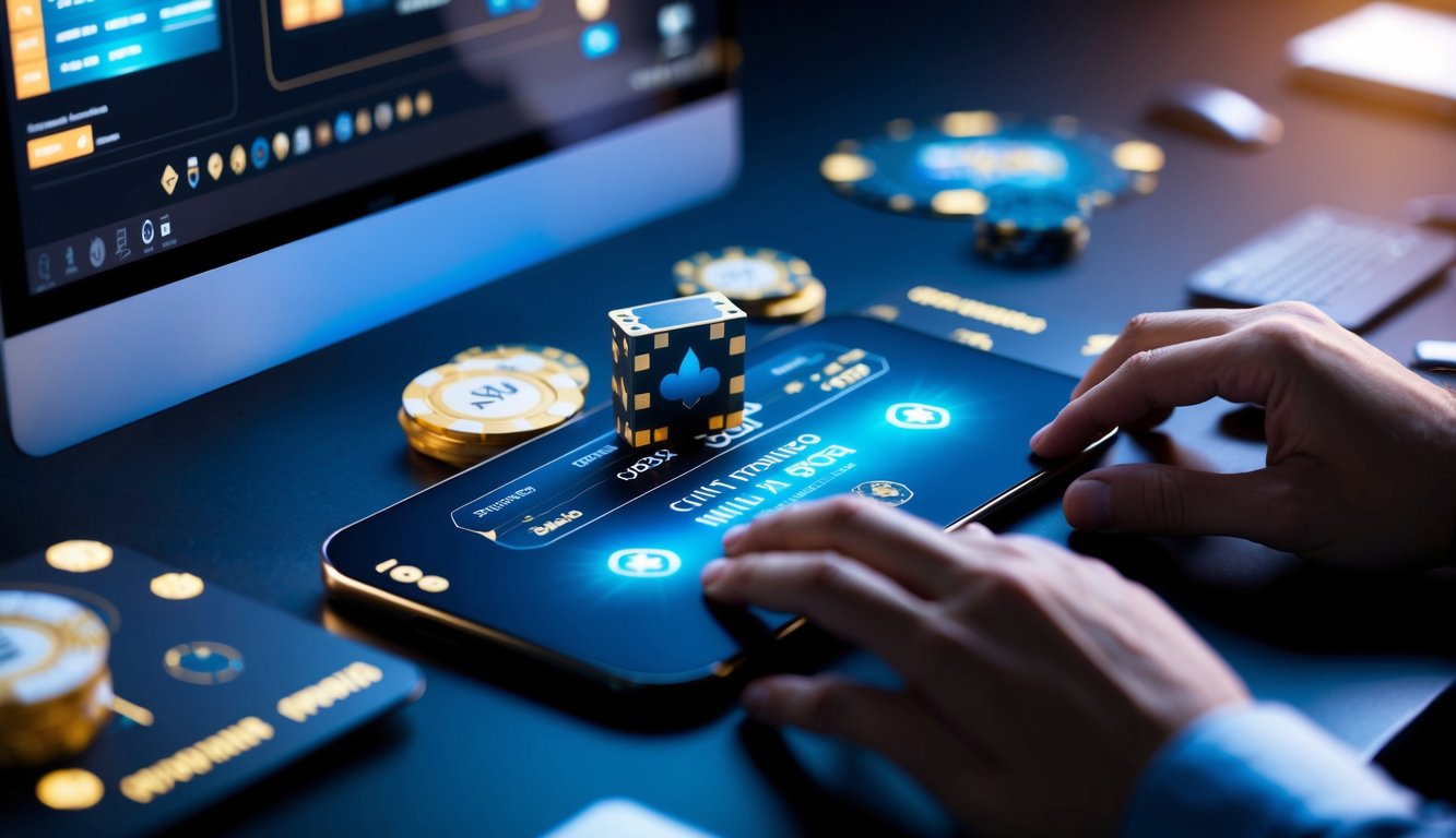 Sebuah platform poker online futuristik pada tahun 2025 dengan antarmuka yang ramping dan canggih serta meja permainan virtual