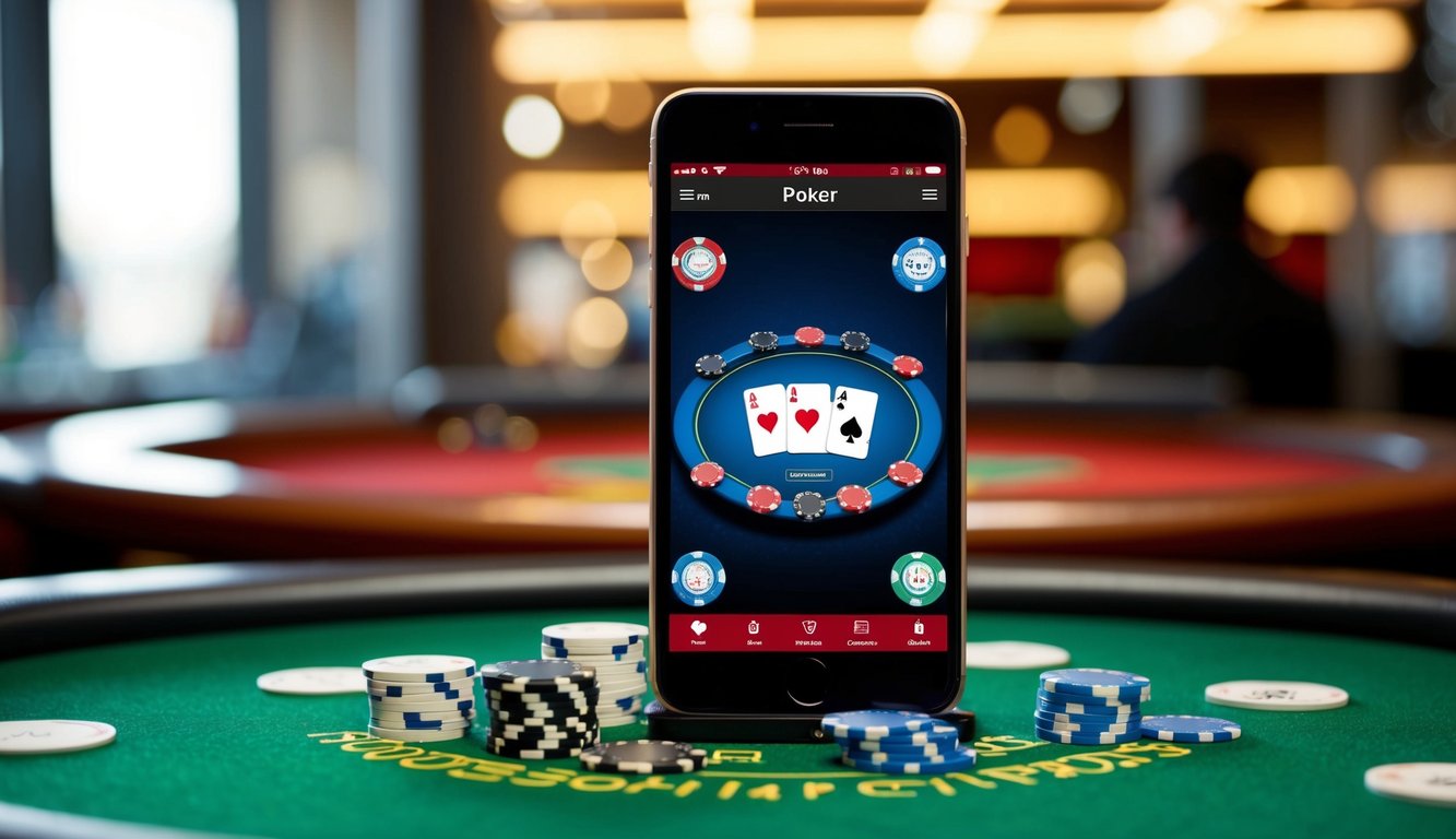 Sebuah smartphone yang menampilkan aplikasi permainan poker, dikelilingi oleh chip dan kartu virtual di atas meja felt hijau digital