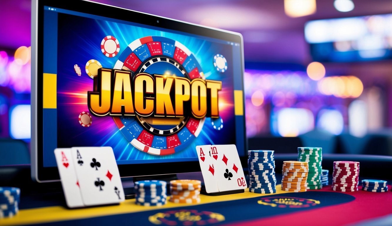 Sebuah permainan poker online yang berwarna-warni dan hidup dengan jackpot besar yang ditampilkan secara mencolok. Kartu dan chip virtual disusun rapi di meja digital.