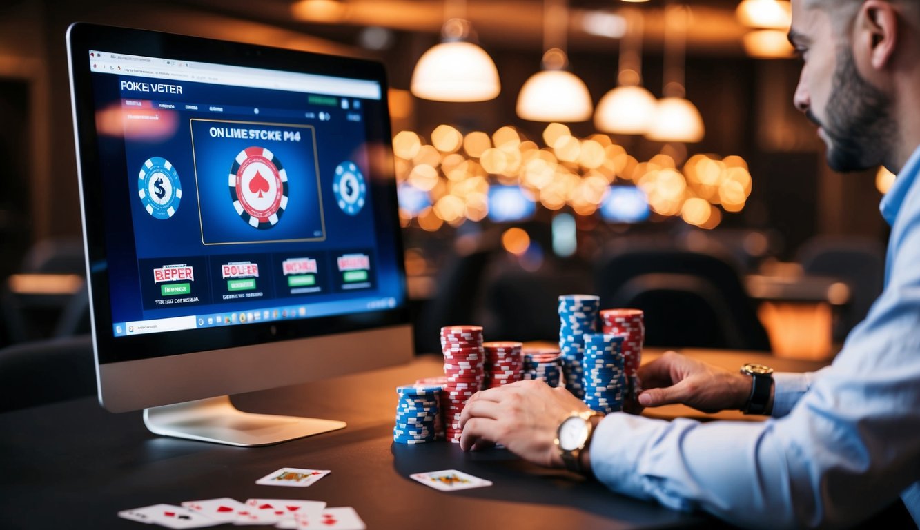 Sebuah meja dengan chip poker, kartu, dan komputer yang menampilkan permainan poker online