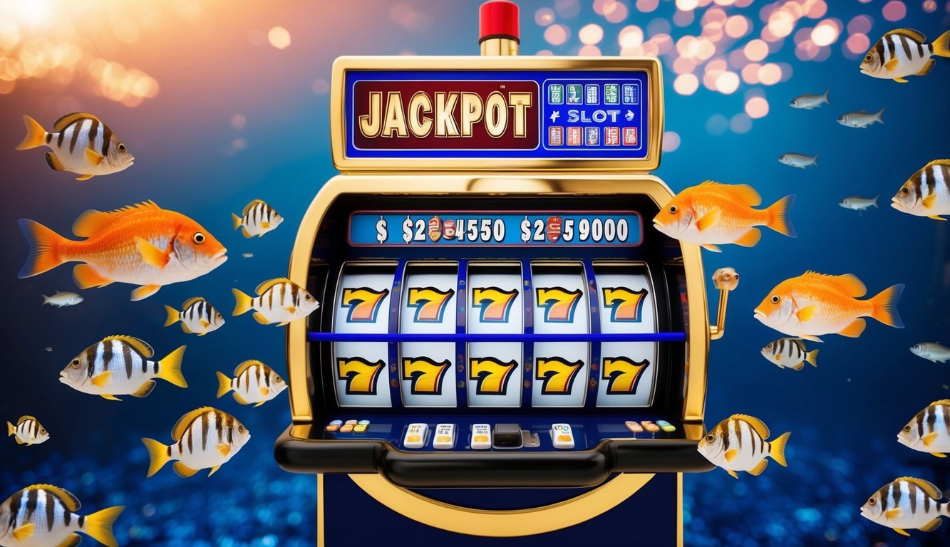 Sebuah pemandangan bawah air yang berwarna-warni dengan berbagai ikan yang berenang di sekitar mesin slot jackpot besar