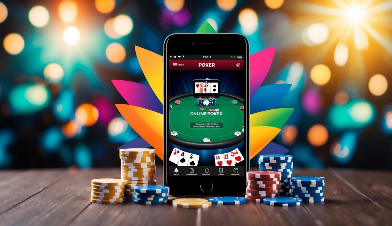 Sebuah smartphone yang menampilkan permainan poker online, dikelilingi oleh chip dan kartu, dengan latar belakang yang cerah dan dinamis