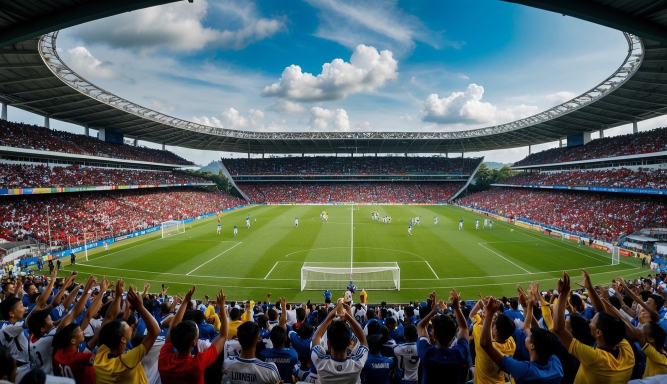 Sebuah stadion sepak bola Indonesia yang ramai dengan penggemar yang bersorak dan pemain di lapangan