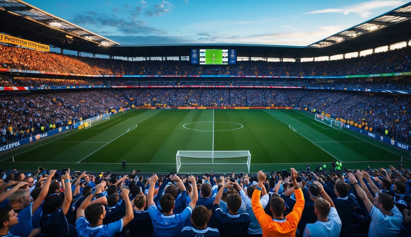 Sebuah stadion yang ramai dengan penggemar yang bersorak, sebuah lapangan sepak bola, dan papan skor yang menampilkan logo tim