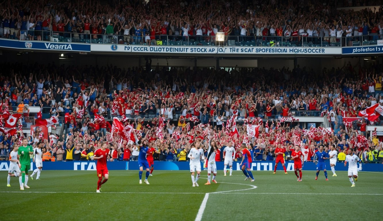 Sebuah stadion yang ramai dengan penggemar yang bersorak dan pemain di lapangan sepak bola