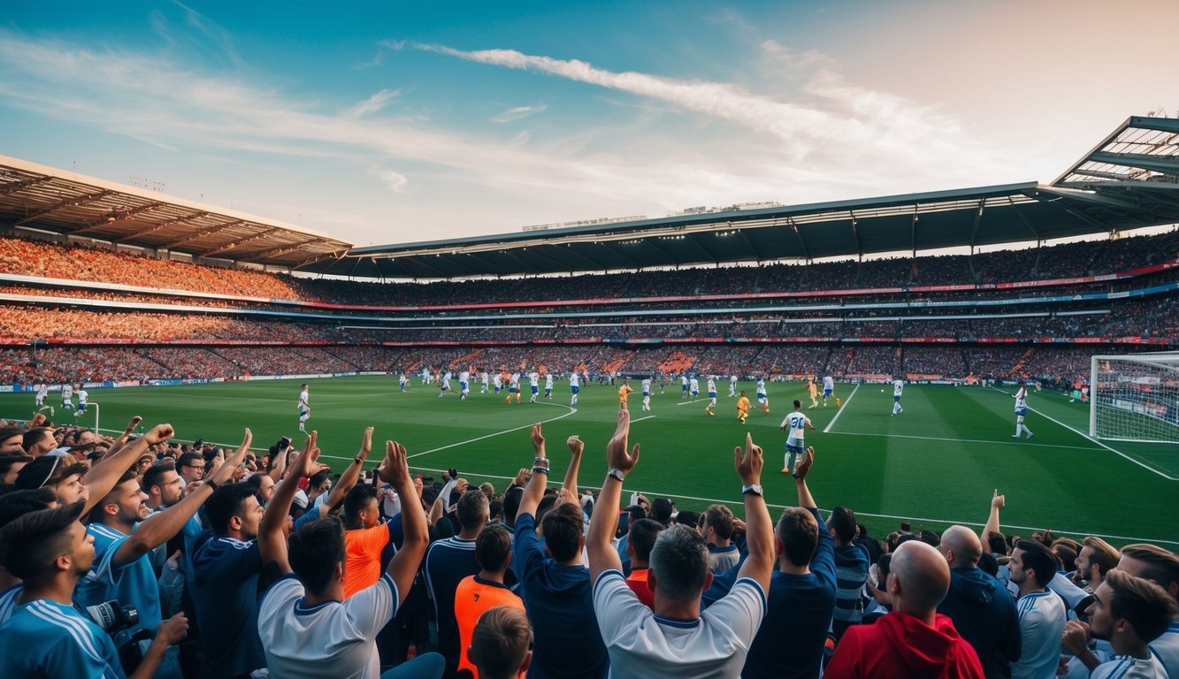 Sebuah stadion yang penuh sesak dengan penggemar yang bersorak dan pemain di lapangan sepak bola