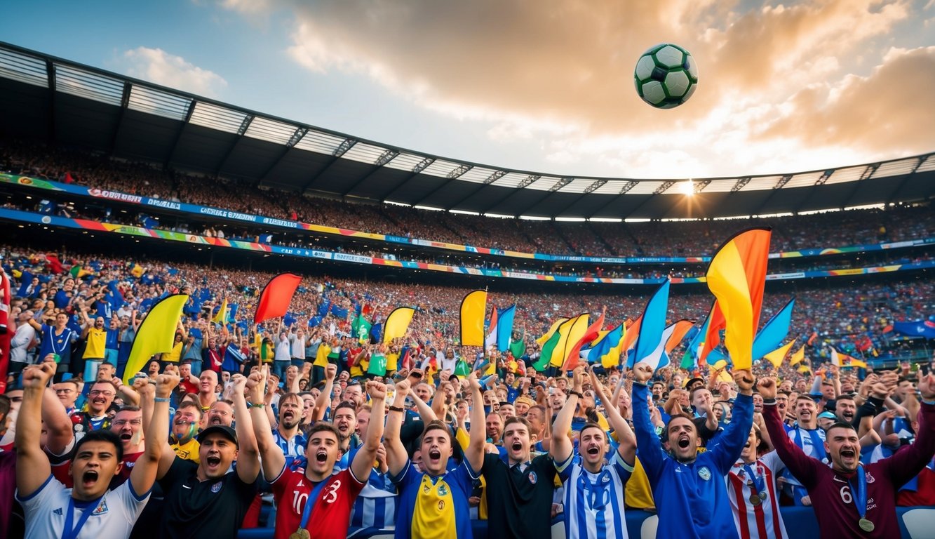 Sebuah stadion yang ramai dengan penggemar yang bersorak, spanduk berwarna-warni, dan bola sepak yang terbang di udara