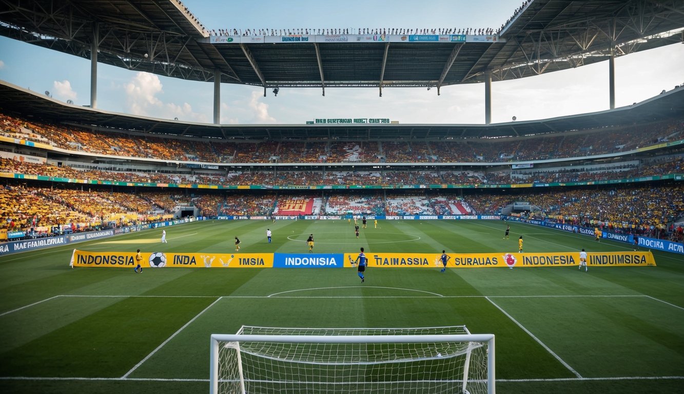 Sebuah stadion sepak bola yang ramai di Indonesia, dipenuhi dengan penggemar yang bersorak dan spanduk berwarna-warni