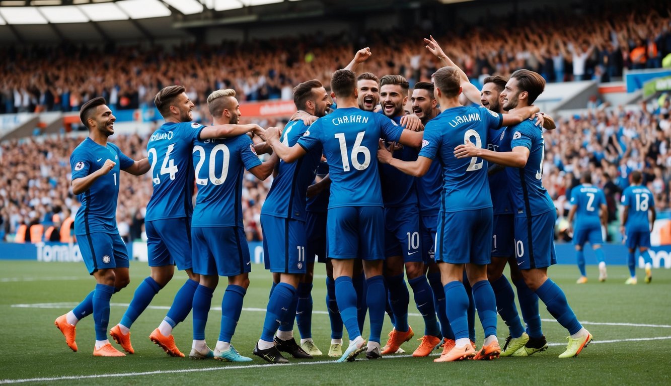 Sekelompok pemain sepak bola merayakan gol di stadion yang ramai