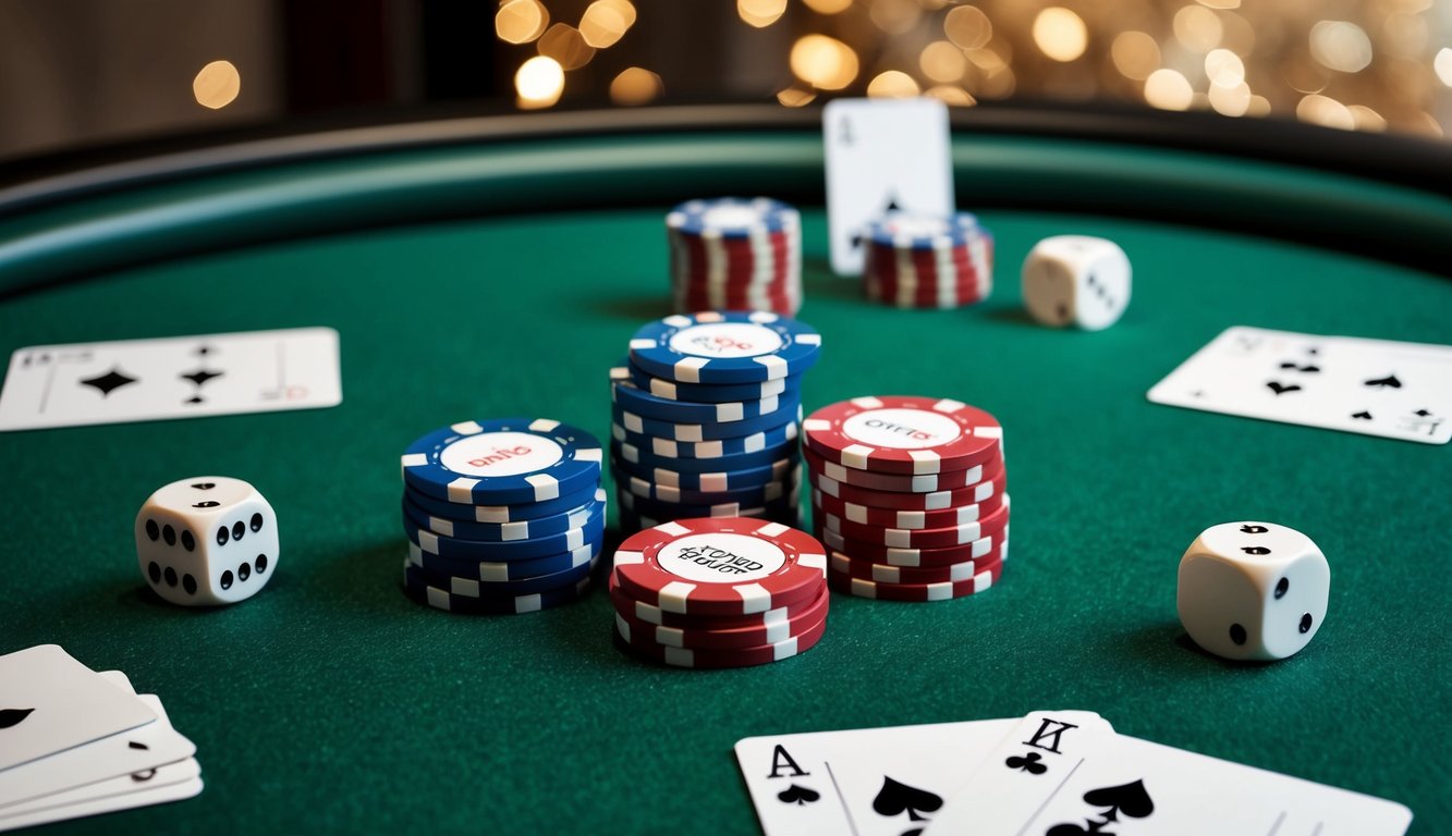 Sekelompok chip poker tersebar di atas meja felt hijau, dikelilingi oleh kartu dan sepasang dadu