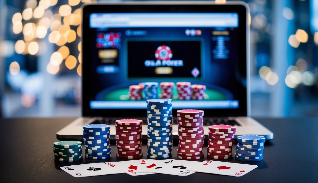 Sekelompok chip poker dan kartu bermain yang diatur di atas meja, dengan komputer atau smartphone yang menampilkan permainan poker online di latar belakang