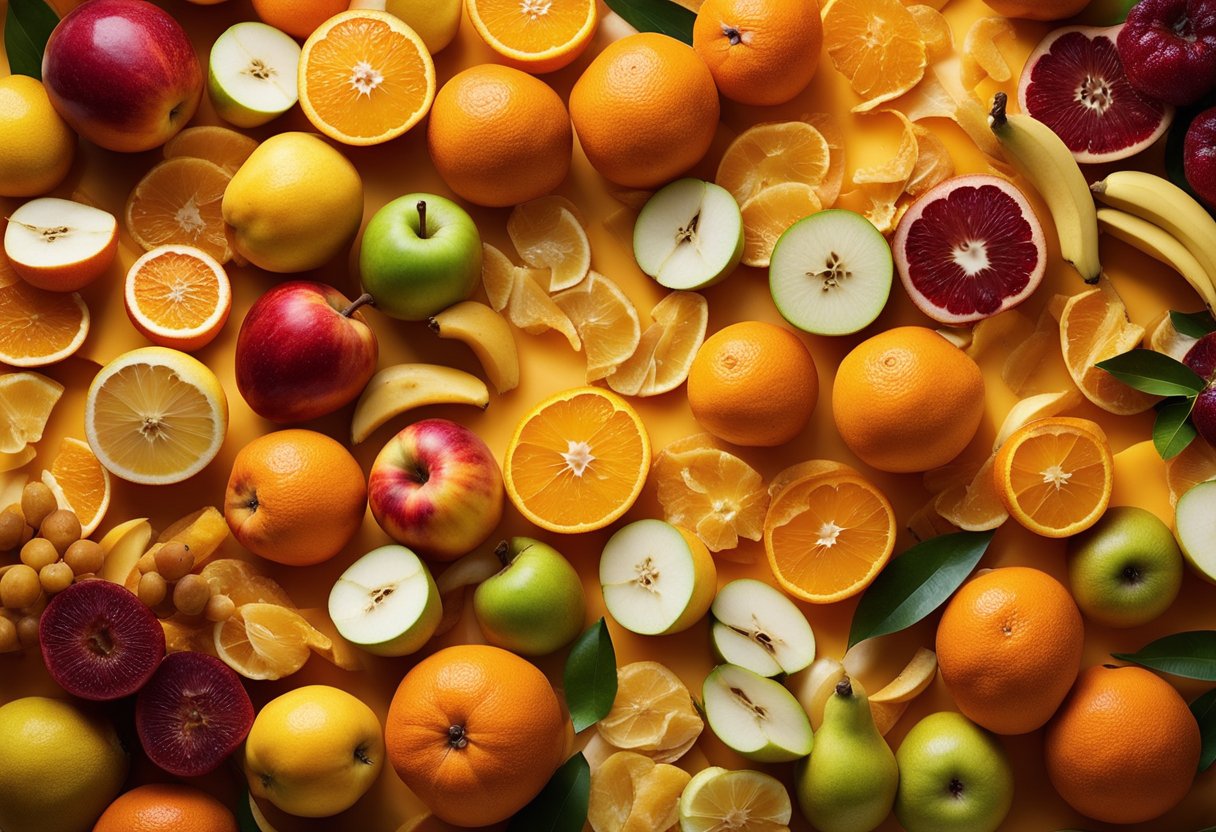 A variety of fruit peels, including orange, banana, and apple, arranged on a vibrant, organic background
