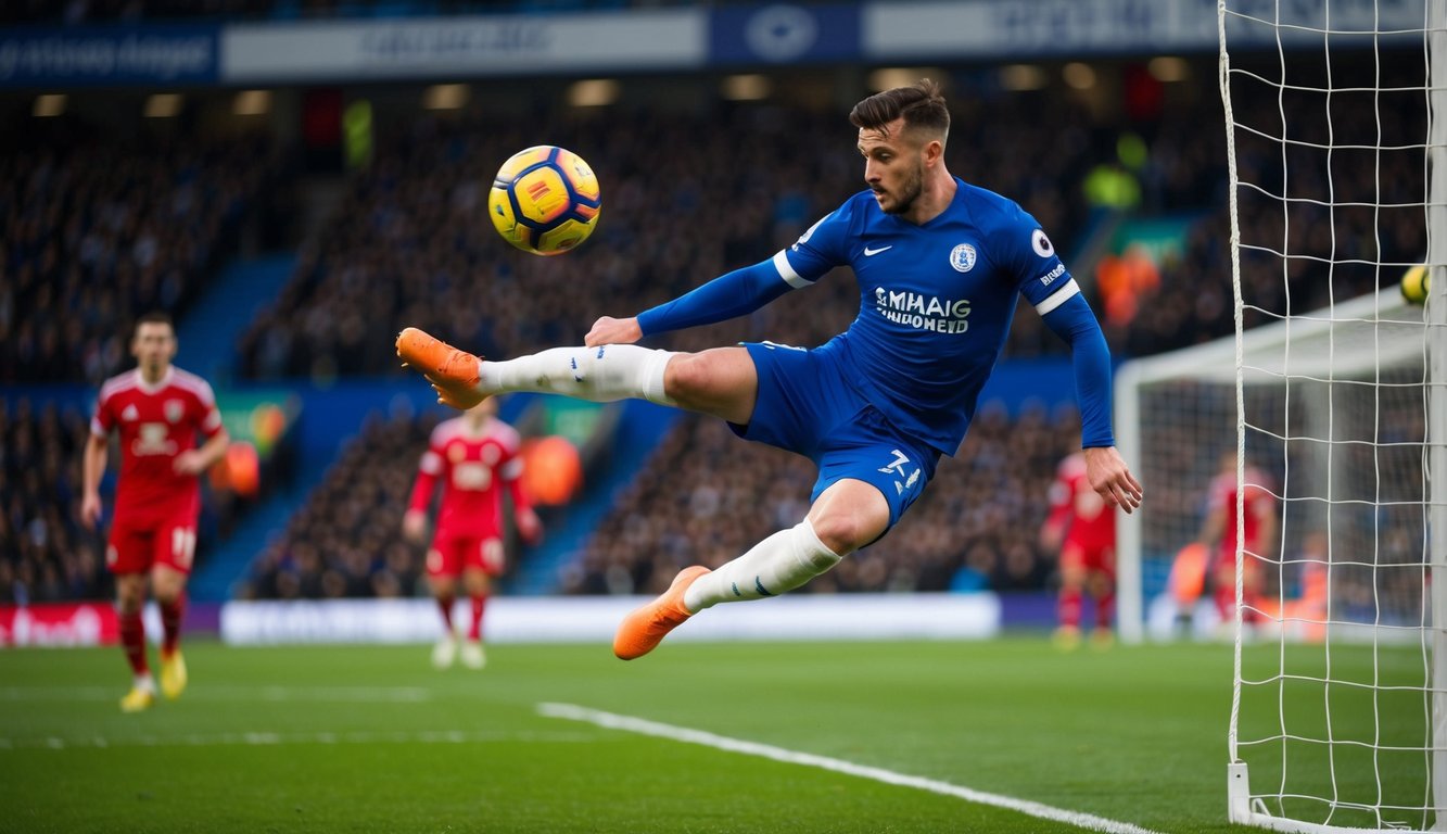 Sebuah bola sepak terbang ke dalam jaring gawang selama pertandingan Liga Premier Inggris