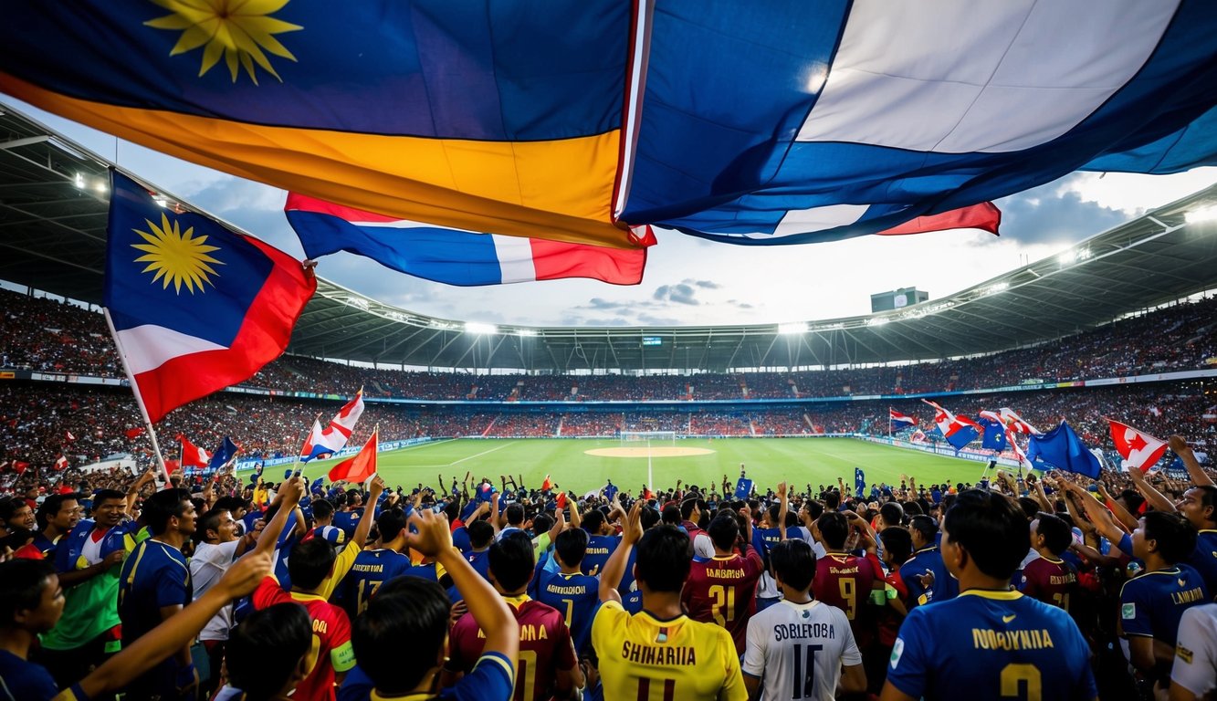 Sebuah stadion sepak bola yang ramai di Indonesia, dengan para penggemar bersorak dan mengibarkan bendera untuk mendukung tim favorit mereka