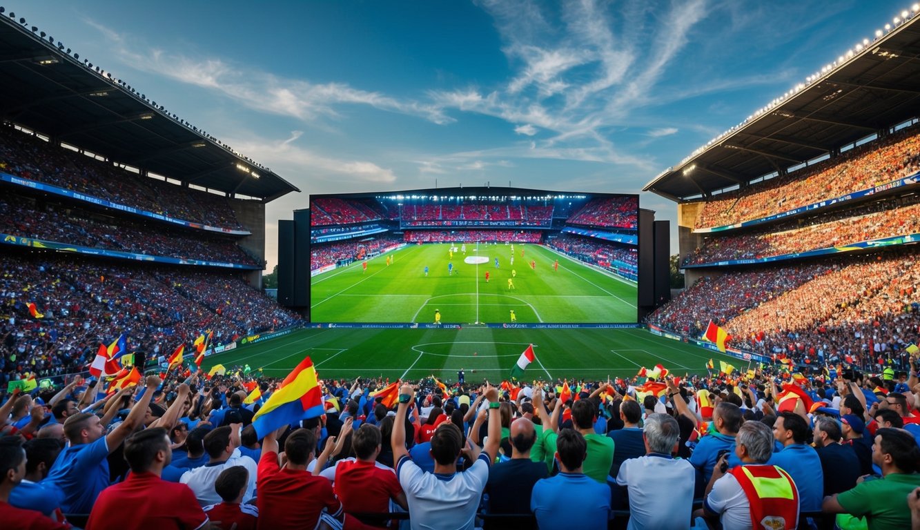 Sebuah stadion yang ramai dengan layar besar menampilkan pertandingan sepak bola secara langsung. Para penggemar bersorak dan melambaikan bendera di tribun.