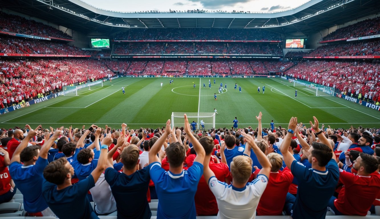 Sebuah stadion yang ramai dengan penggemar yang bersorak dan pemain di lapangan sepak bola