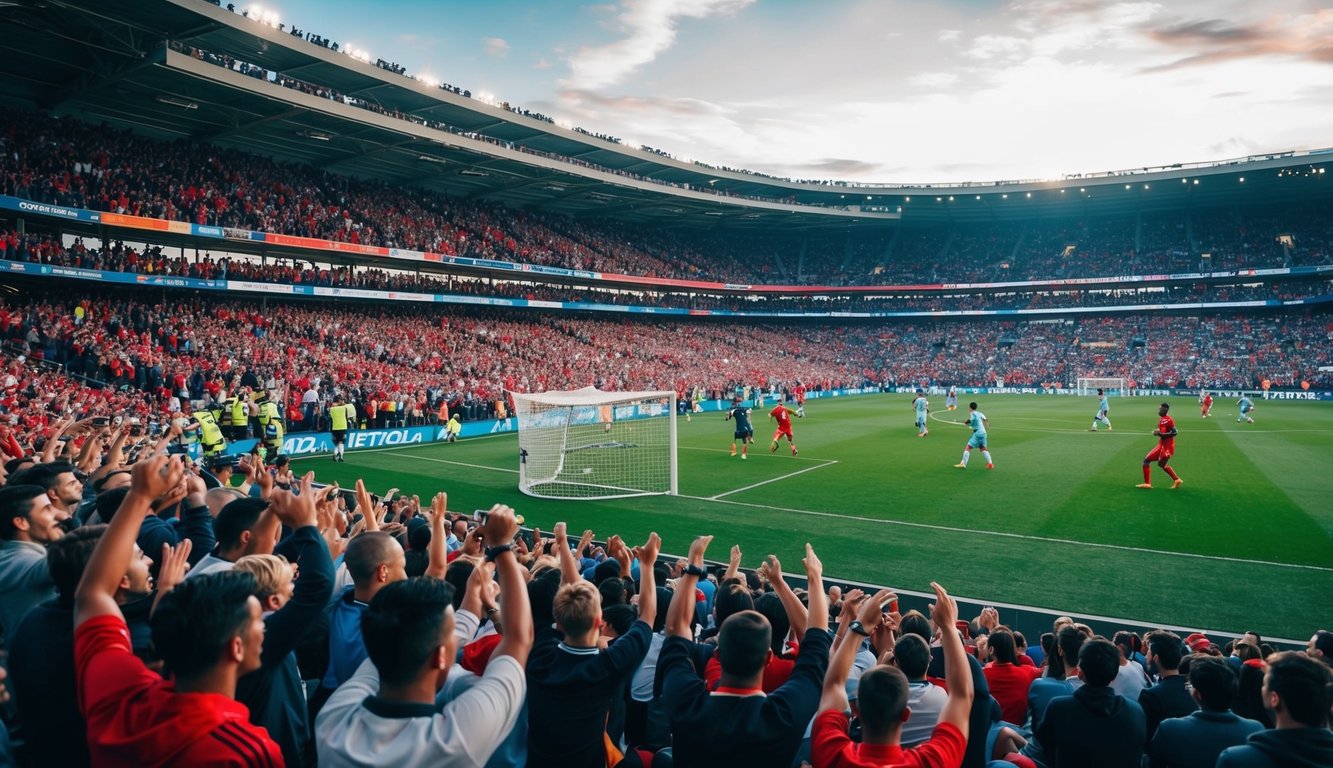 Sebuah stadion yang penuh sesak dengan penggemar yang bersorak dan lapangan sepak bola dengan pemain yang sedang beraksi