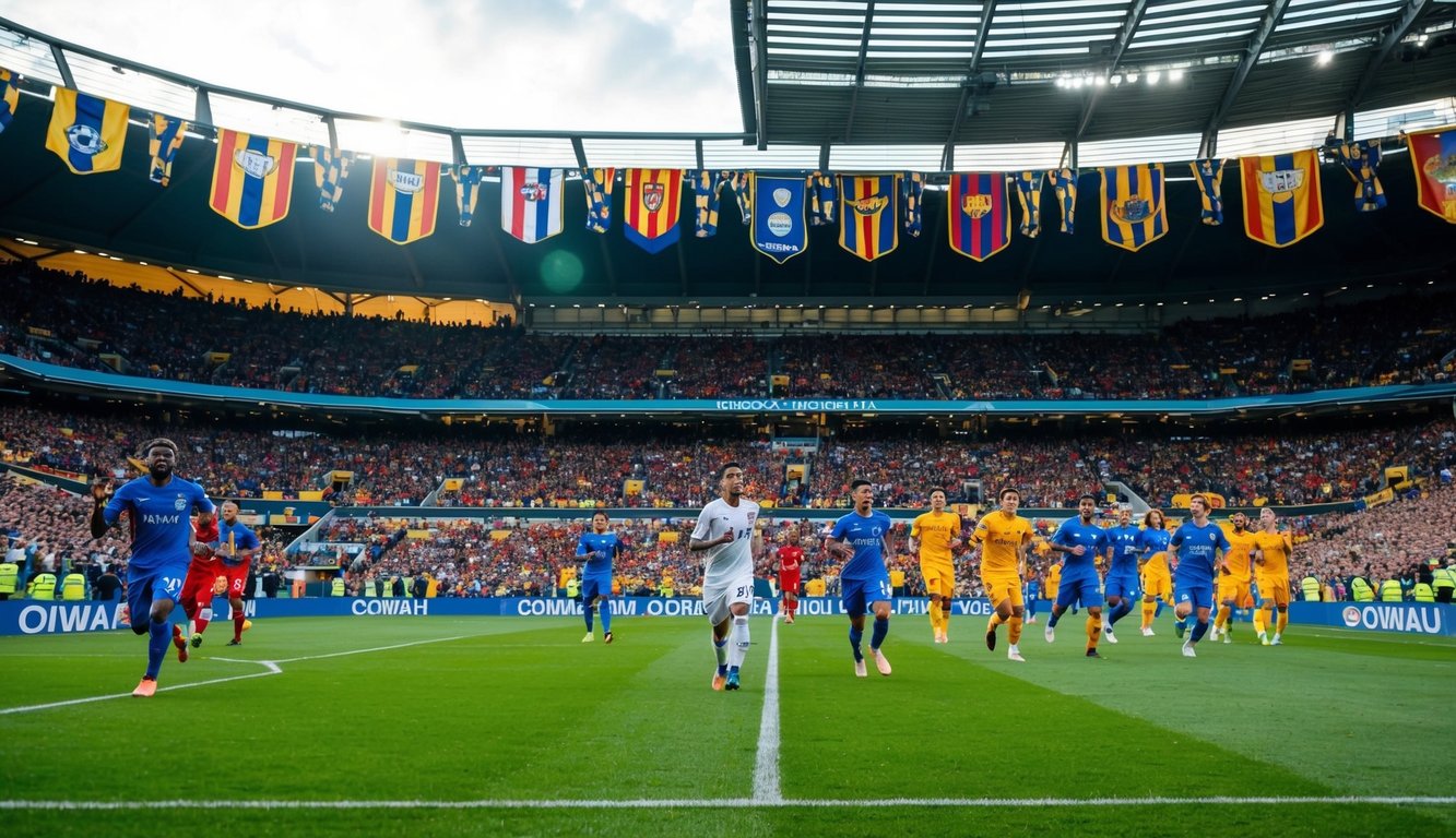 Sebuah stadion yang ramai dengan penggemar yang bersorak, spanduk tim yang berwarna-warni, dan pemain di lapangan selama pertandingan sepak bola yang intens