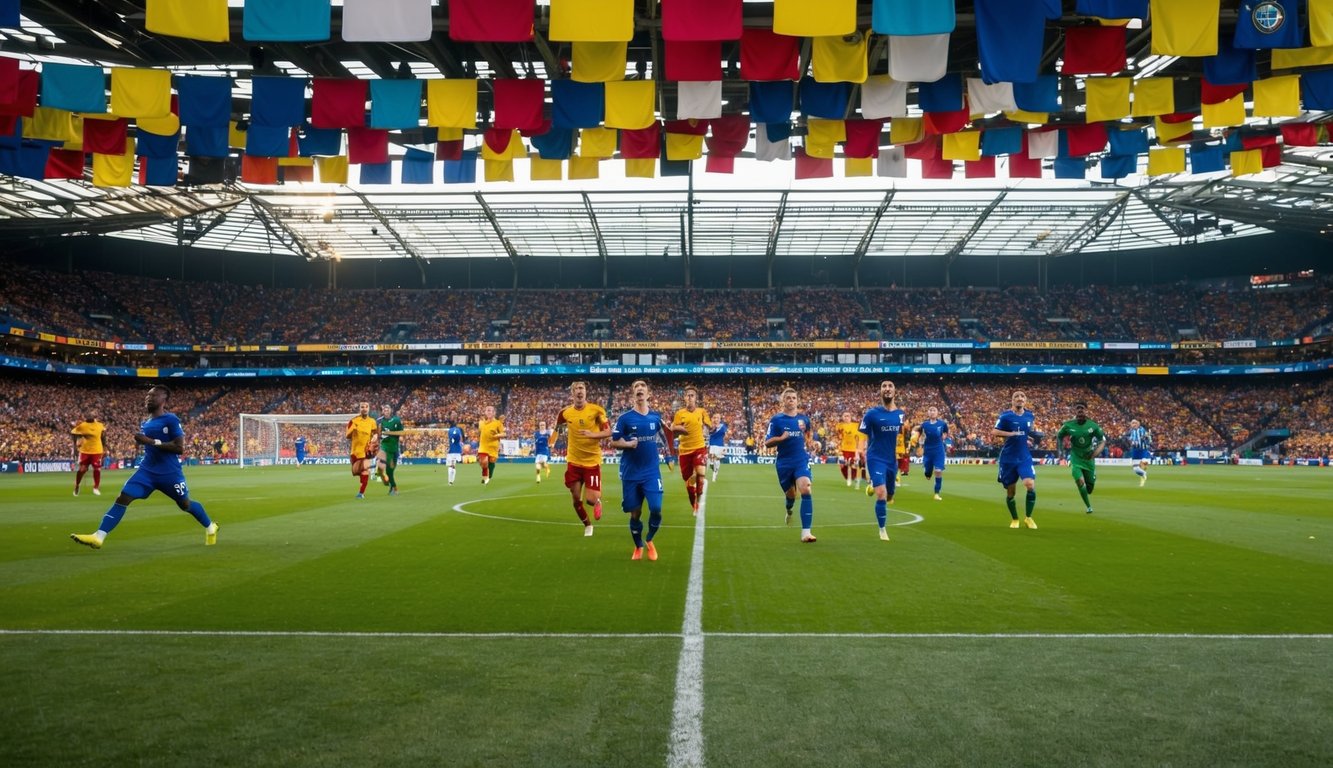 Sebuah stadion yang ramai dengan penggemar yang bersorak, spanduk tim yang berwarna-warni, dan pemain di lapangan selama pertandingan sepak bola