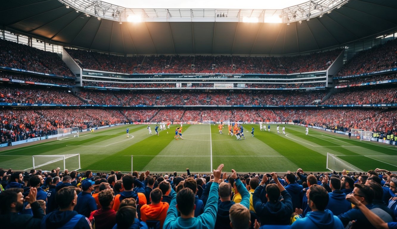 Sebuah stadion yang ramai dengan penggemar yang bersorak dan pemain di lapangan sepak bola