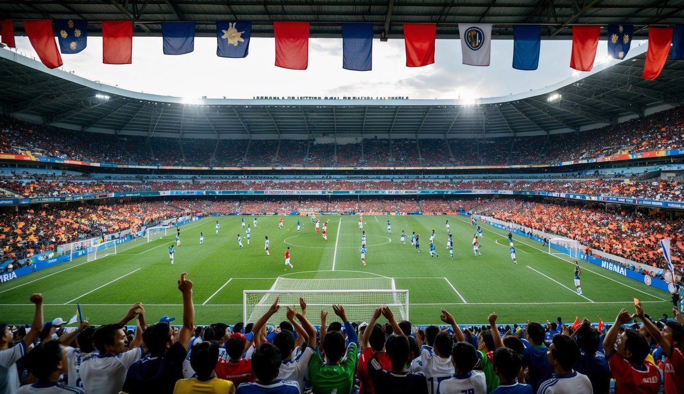 Sebuah stadion sepak bola yang ramai di Indonesia, dengan para penggemar bersorak dan melambaikan bendera, sementara para pemain bersaing di lapangan