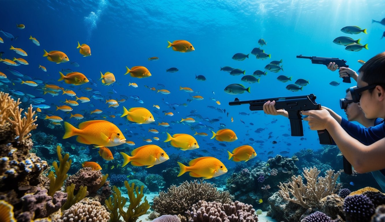 Sebuah dunia bawah laut yang ramai dengan ikan-ikan berwarna-warni yang berenang di antara terumbu karang dan rumput laut, sementara sekelompok pemain mengarahkan senjata mereka ke makhluk-makhluk akuatik.