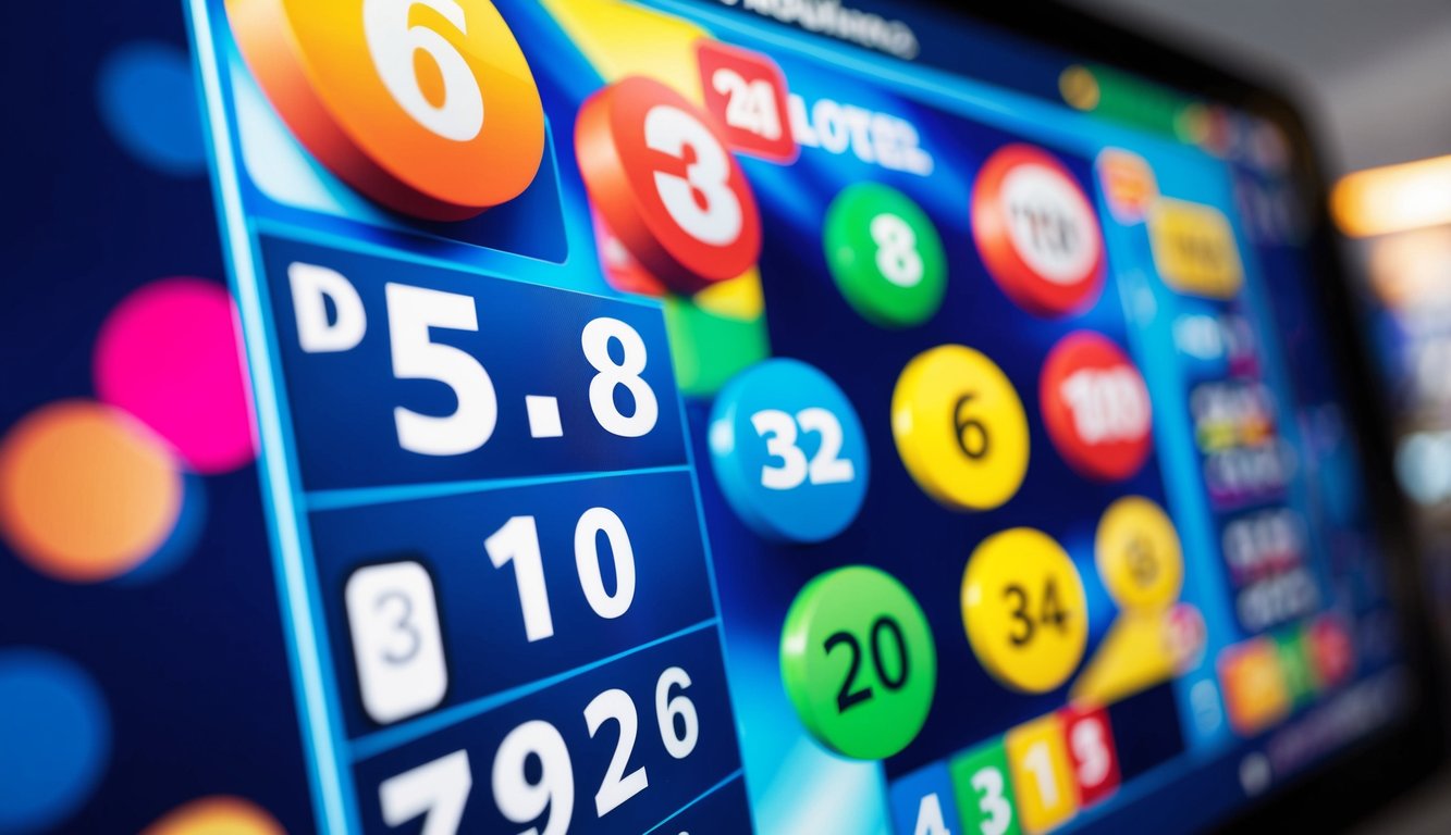 Antarmuka digital yang berwarna-warni dan cerah menampilkan berbagai nomor lotto dan simbol untuk permainan Togel online