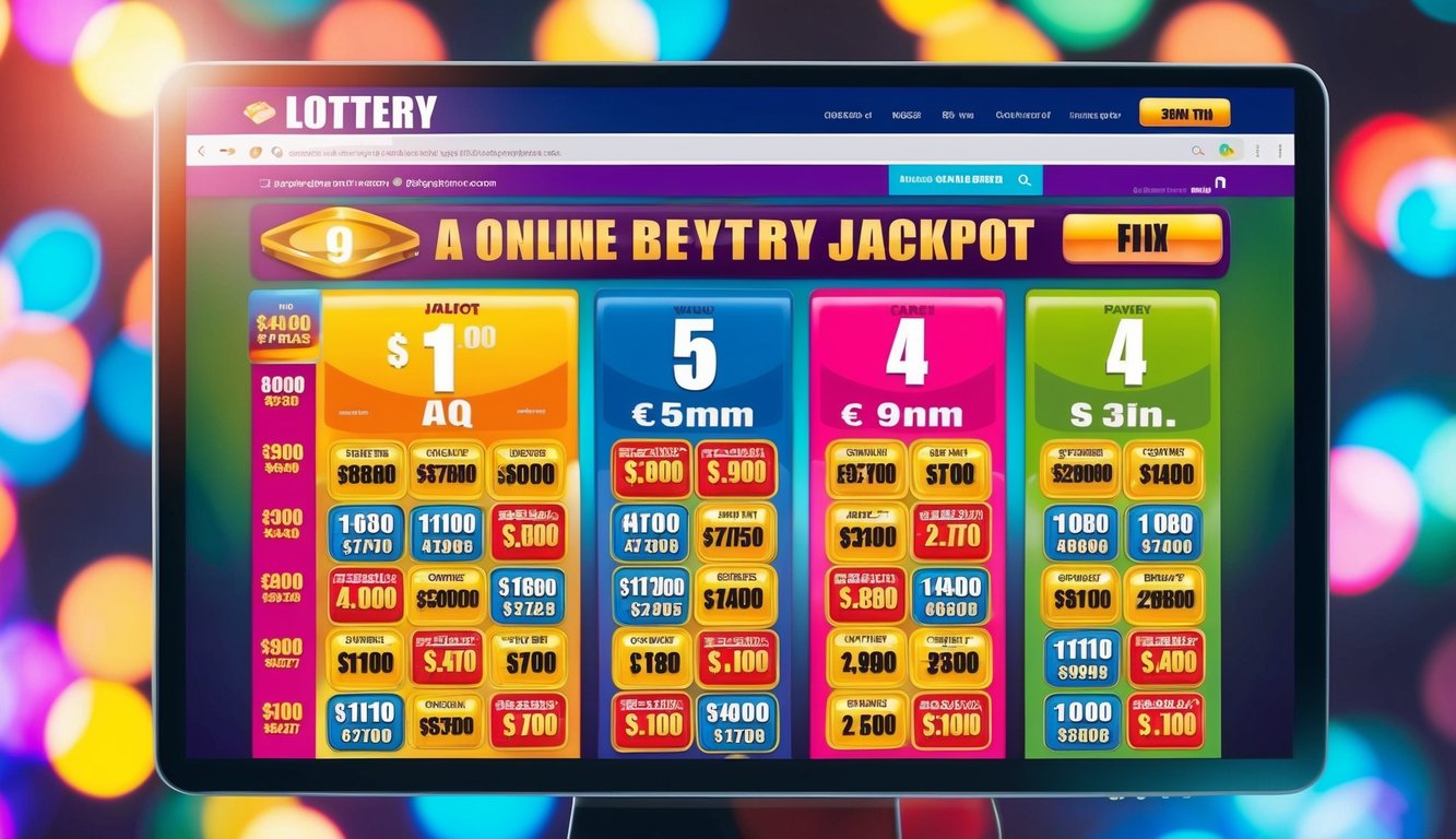 Sebuah situs web lotere online yang berwarna-warni dan cerah dengan hadiah jackpot besar yang ditampilkan secara mencolok