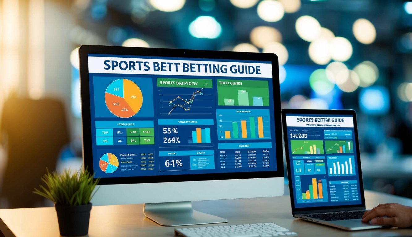 Panduan taruhan olahraga dengan berbagai grafik, diagram, dan statistik yang ditampilkan di layar komputer