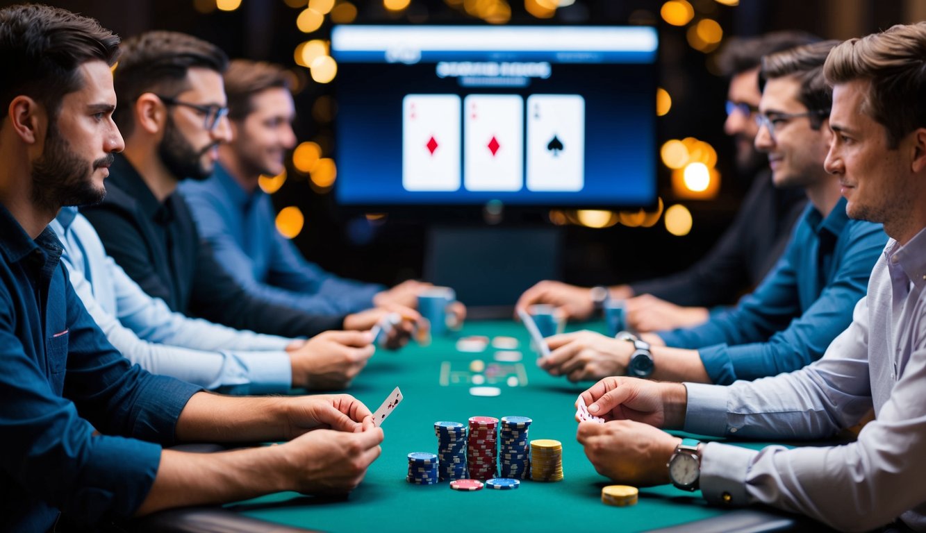 Sekelompok orang duduk di sekitar meja, masing-masing memegang kartu dan chip, dengan komputer atau smartphone di latar belakang yang menampilkan situs web poker.