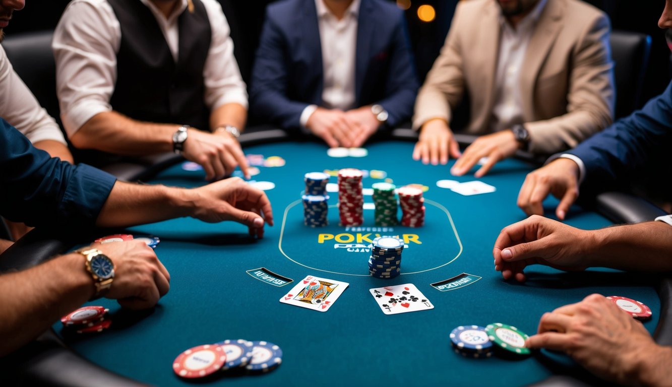 Sebuah meja poker dengan kartu dan chip, dikelilingi oleh pemain dalam permainan yang tegang