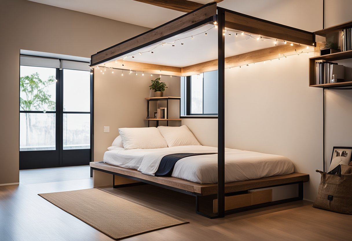 A modern loft bed suspended from the ceiling with a built-in desk and storage underneath. A cozy canopy bed with twinkling string lights. A sleek platform bed with integrated LED lighting. A rustic wooden bed frame with built-in bookshelves. A minimalist Japanese-style futon on a tatami mat