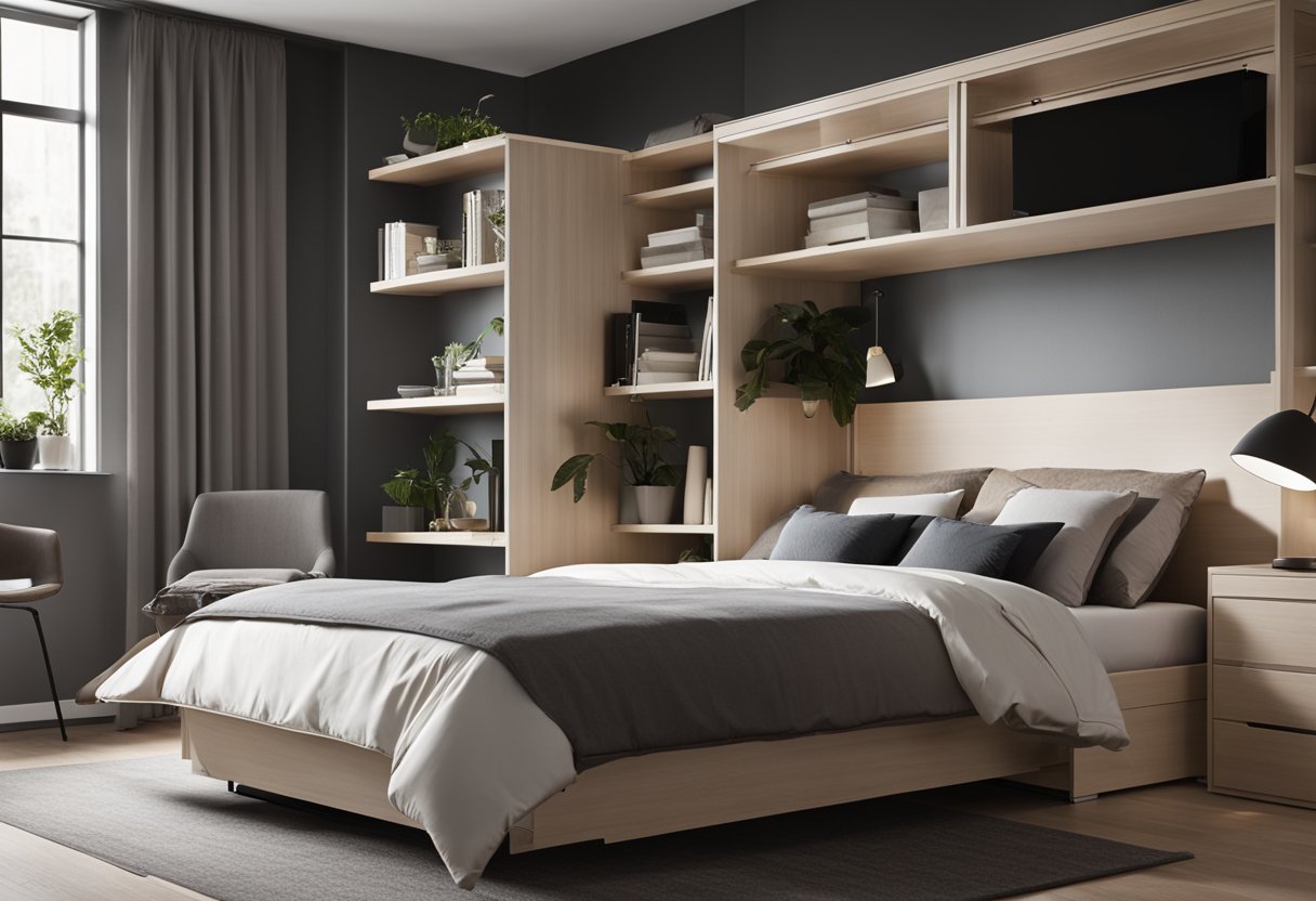 A Murphy bed with built-in storage sits against a wall in a modern, compact bedroom. The bed is neatly folded up, revealing shelves and drawers for additional storage space