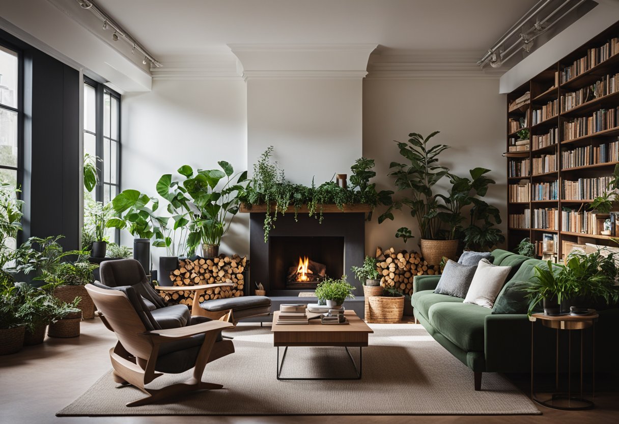 A cozy living room with a fireplace, large windows, and comfortable seating. A bookshelf filled with books and plants add a touch of warmth and greenery to the space