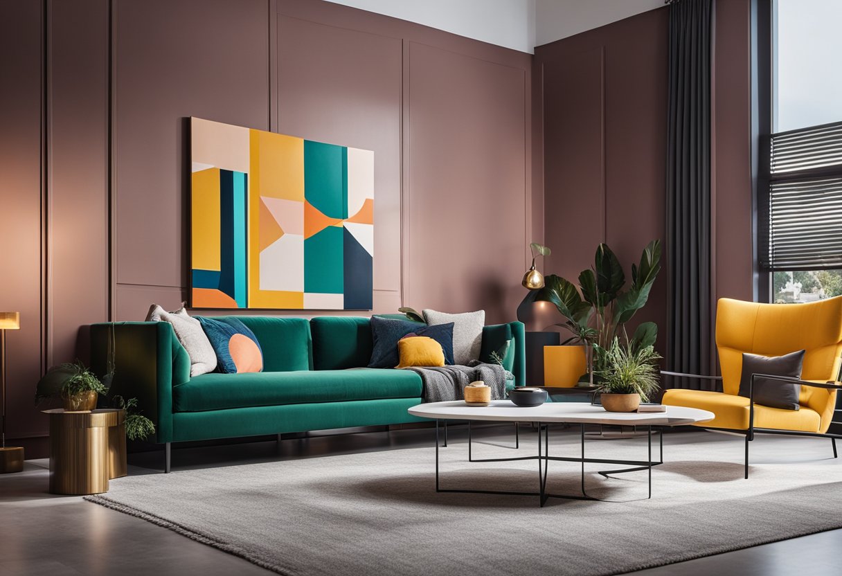 A modern living room with bold geometric wall art in vibrant colors. A sleek sofa and coffee table complete the contemporary space