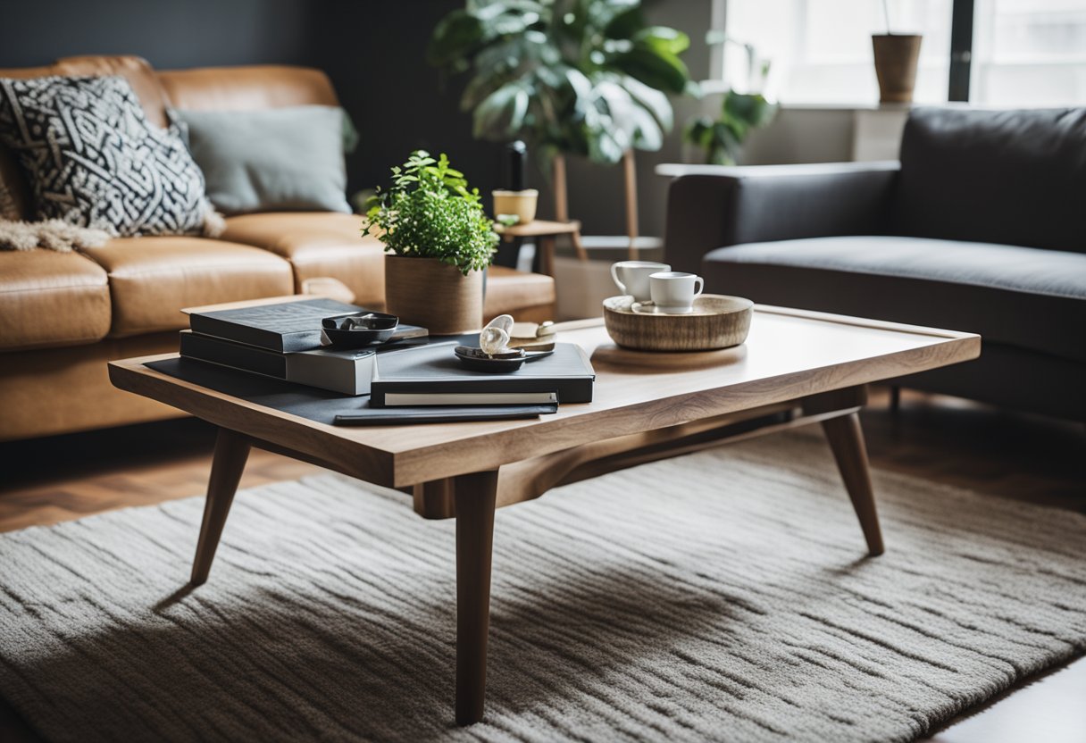 A vintage industrial coffee table sits in a cozy living room, surrounded by modern furniture and decor. The room exudes a cool and stylish vibe, with pops of color and unique design elements