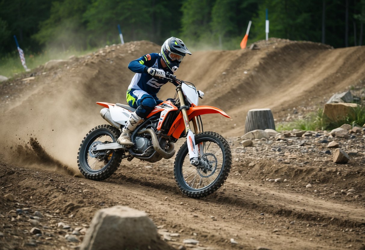 En motocrosscykel som navigerar genom en tuff terrängled, med olika hinder och hopp längs vägen