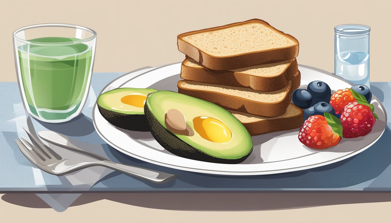 A plate with a balanced breakfast: whole grain toast, eggs, avocado, berries, and a glass of water