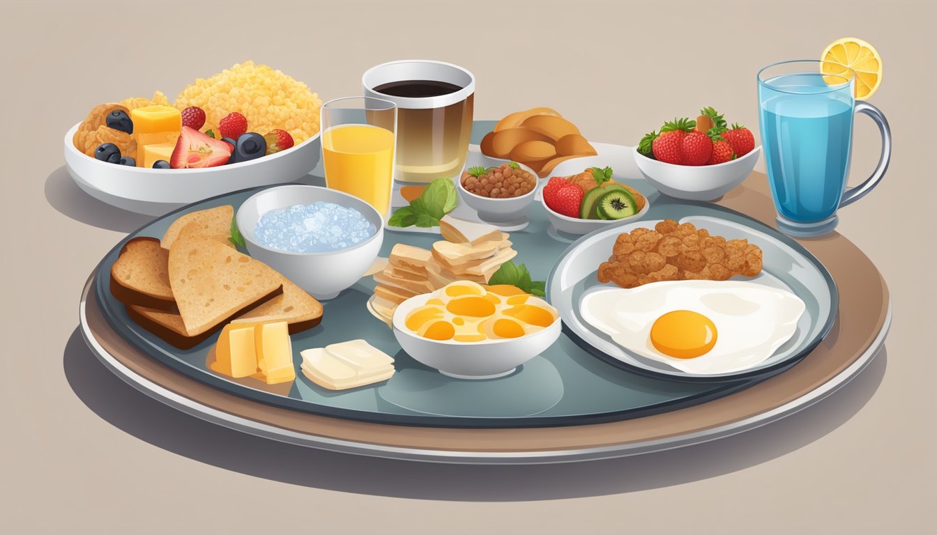 A balanced diabetic breakfast plate with a variety of food groups arranged on a round plate with a glass of water or tea on the side