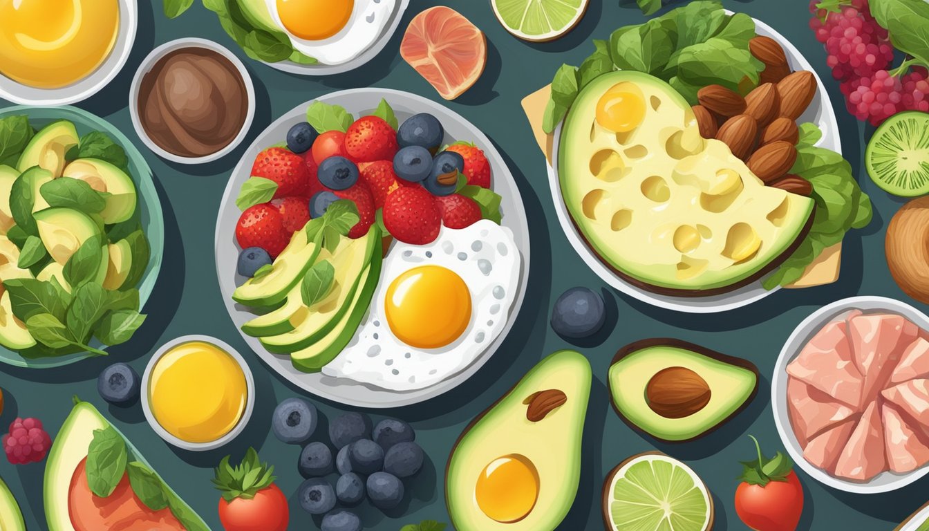 A breakfast table with a variety of foods: avocado, nuts, eggs, and lean meats, surrounded by fresh fruits and vegetables