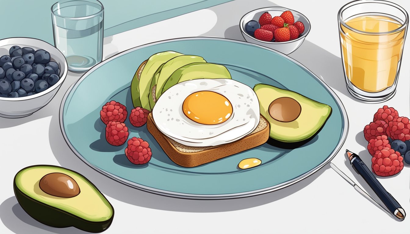 A plate with balanced portions of eggs, whole grain toast, avocado, and berries, with a glass of water and insulin pen nearby