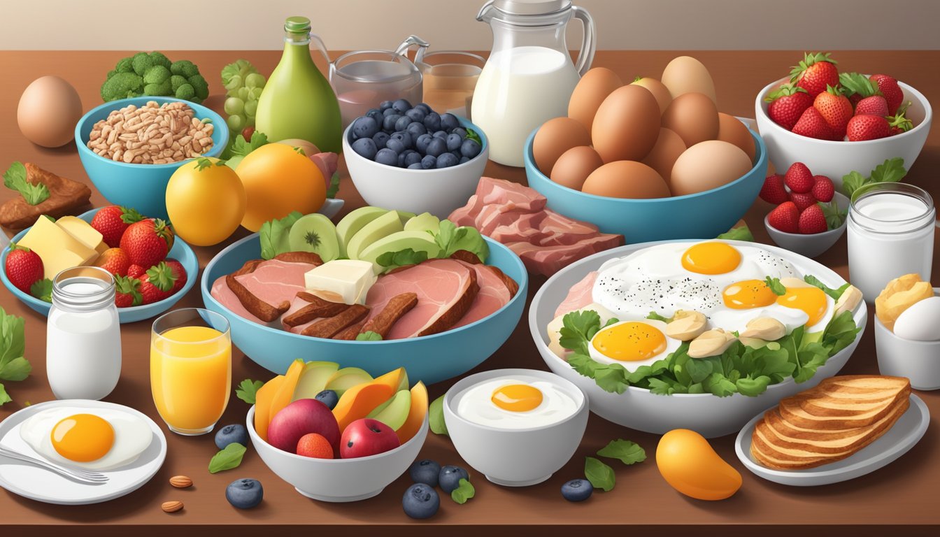 A breakfast table with a variety of protein-rich foods such as eggs, lean meats, Greek yogurt, and nuts, surrounded by colorful fruits and vegetables