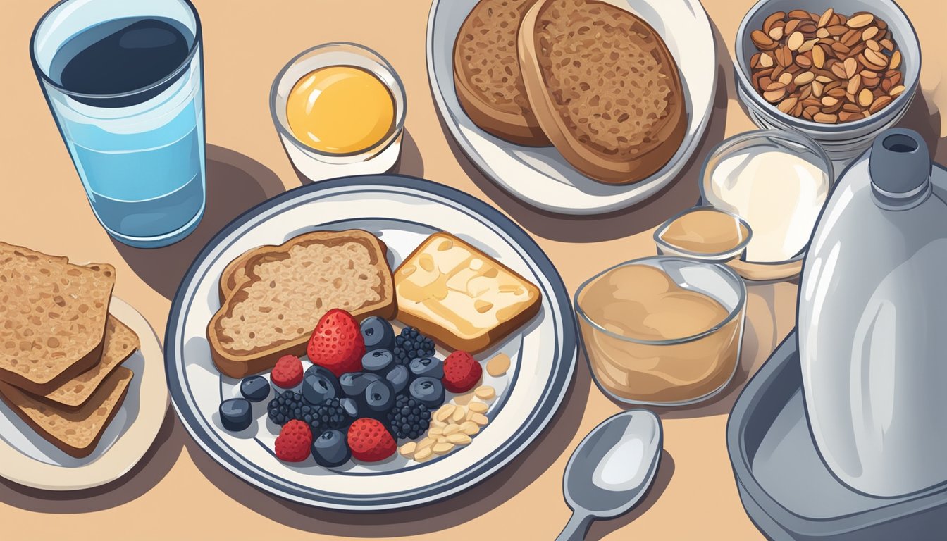 A table set with a variety of low-GI breakfast foods like oatmeal, berries, nuts, and whole grain toast, with a glass of water and a blood glucose monitor nearby