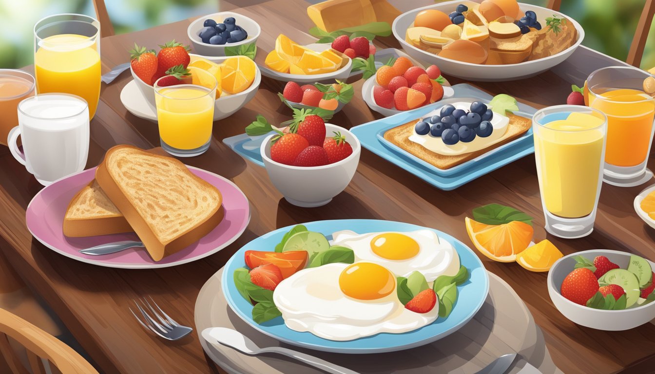 A colorful breakfast spread with a variety of healthy food options such as fruits, whole grain toast, eggs, and yogurt, set on a table in a bright and welcoming restaurant environment