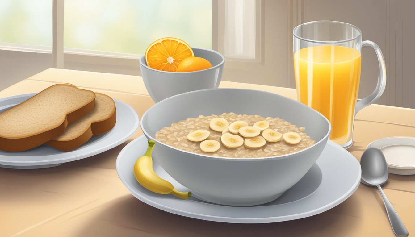 A table set with a bowl of oatmeal, a plate of whole grain toast, a glass of orange juice, and a bunch of bananas