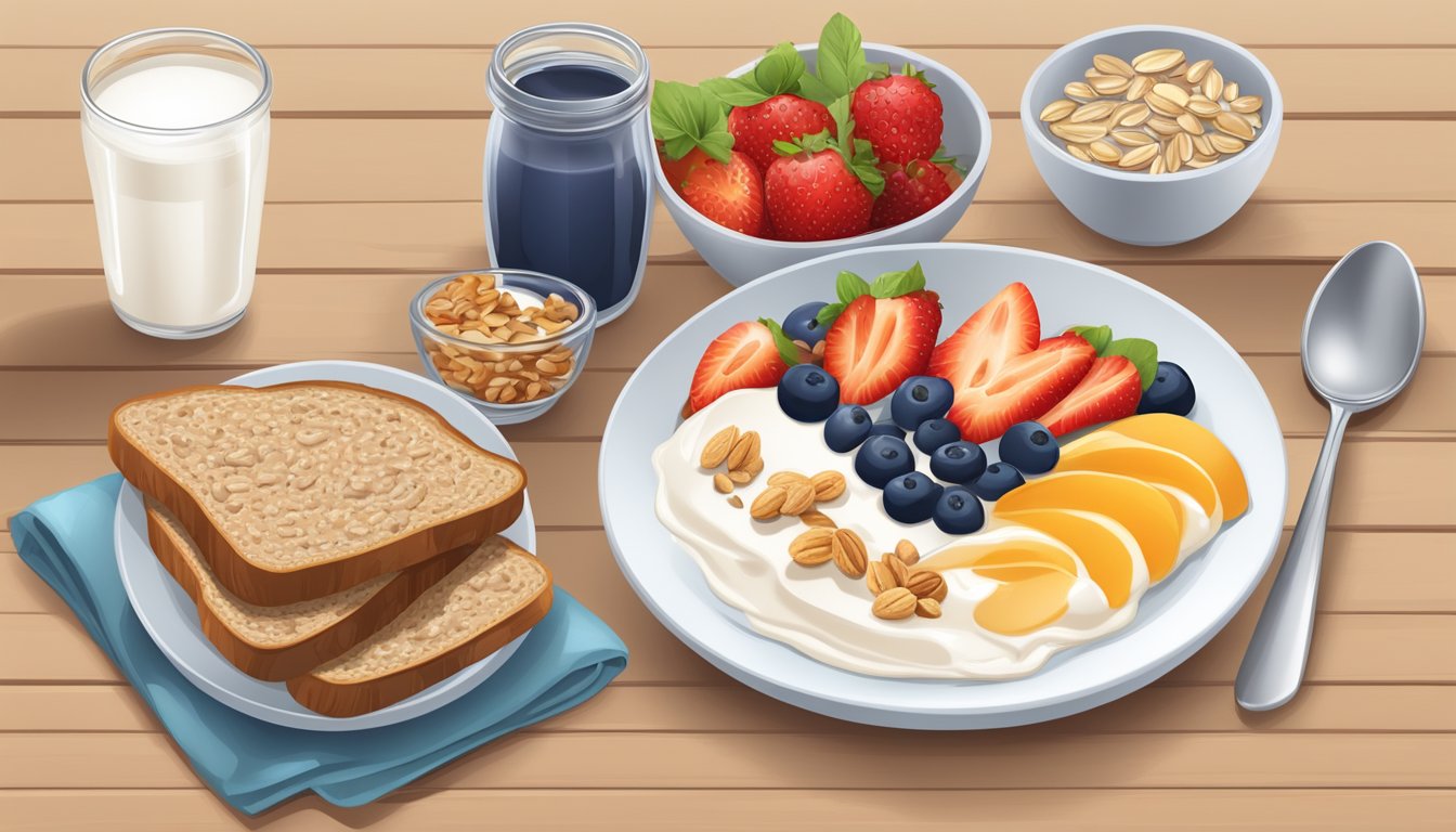 A table set with a balanced diabetic breakfast: whole grain toast, fresh fruit, yogurt, and a bowl of oatmeal with nuts and seeds