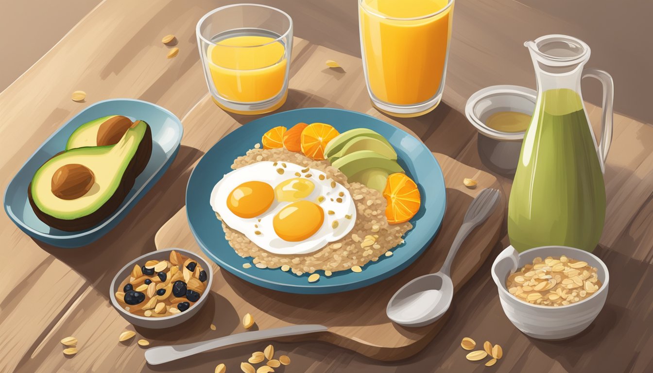 A colorful breakfast table with a bowl of oatmeal topped with fruits, nuts, and seeds, surrounded by a glass of orange juice and a plate of whole grain toast with avocado and eggs