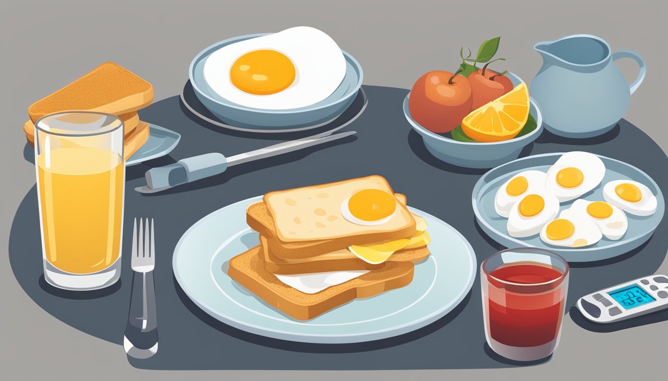 A table set with a plate of eggs, fruit, and whole grain toast. A glass of water and a blood glucose monitor sit nearby